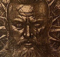 Es handelt sich um ein dekoratives Kunstwerk aus Holz . Der Stil ähnelt Darstellungen von Ragnar Lothbrok aus populären Wikinger-Serien.